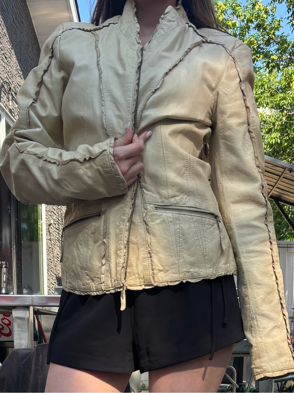 Danier Cream Leather Zip Jacket with Exposed Seams